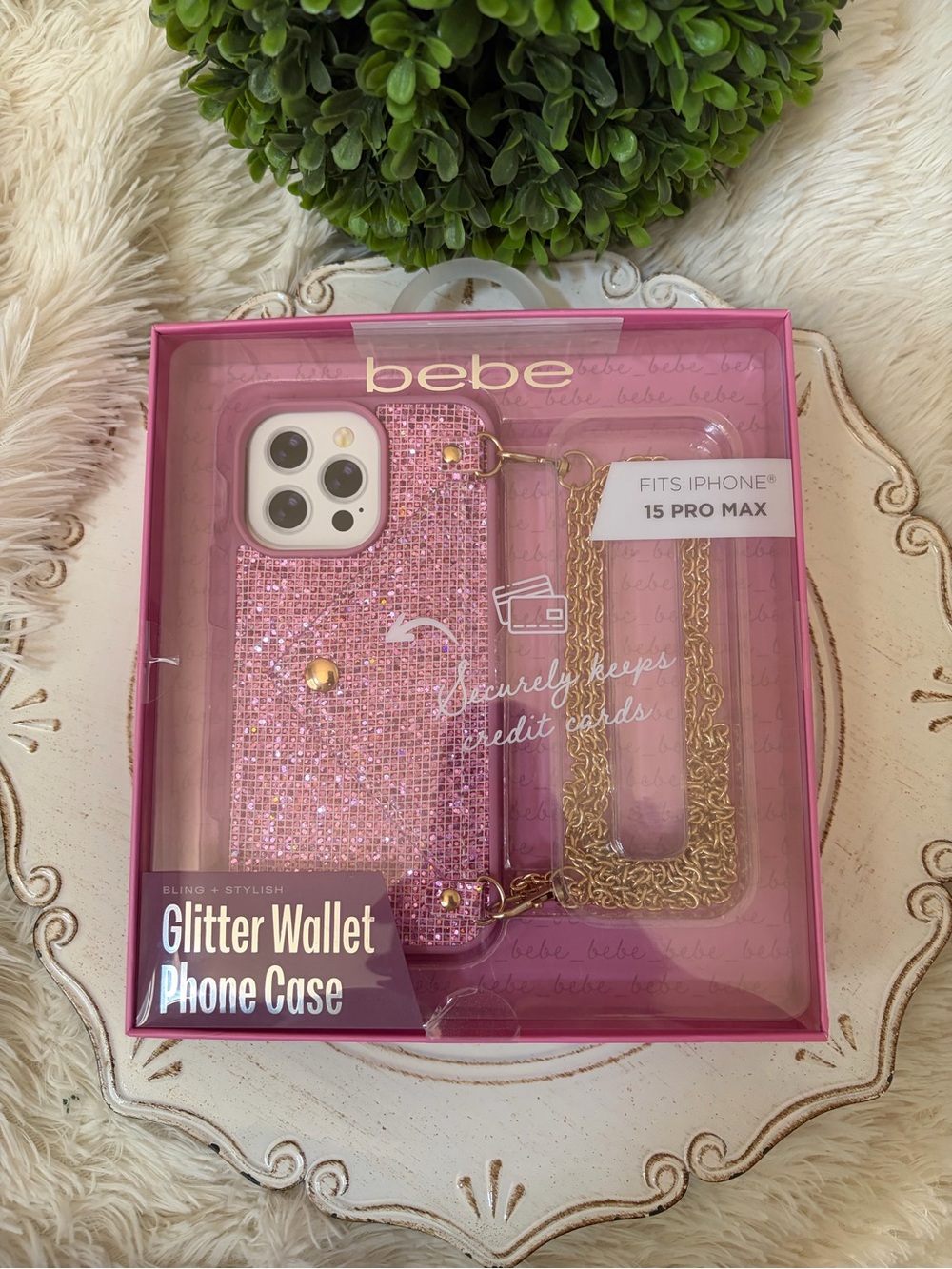 bebe Pink Glitter Wallet Phone Case with Gold Chain for iPhone 15 Pro Max